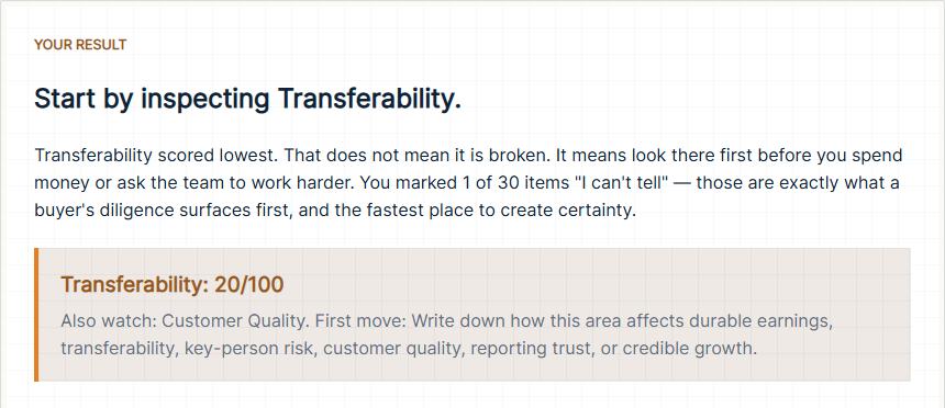 Sample Business Enterprise Value Self-Assessment result card, built from made-up answers: the weakest area, its score, and a first move.