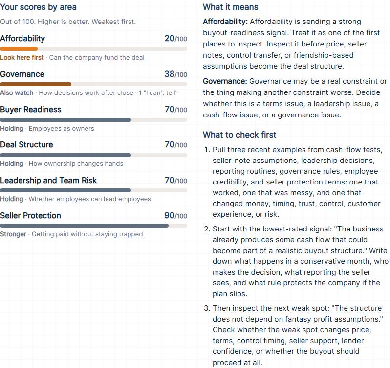 Sample Employee Buyout Self-Assessment breakdown, built from made-up answers: every area score, what the two weakest mean, and three things to check first.