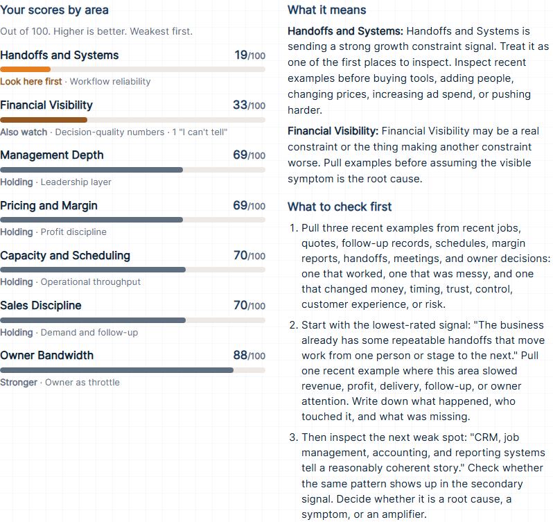 Sample Revenue Plateau Self-Assessment breakdown, built from made-up answers: every area score, what the two weakest mean, and three things to check first.