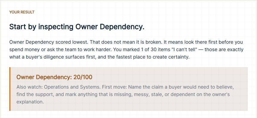 Sample 12-Month Sale Readiness Self-Assessment result card, built from made-up answers: the weakest area, its score, and a first move.
